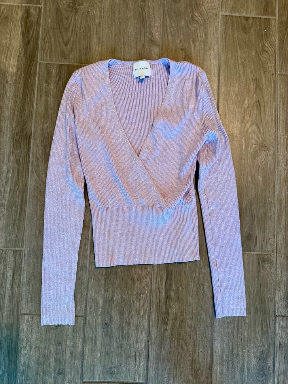 Women's Size M Pale Pink Sparkly Wrap-Front Ribbed Sweater, Ballet Core, Fall